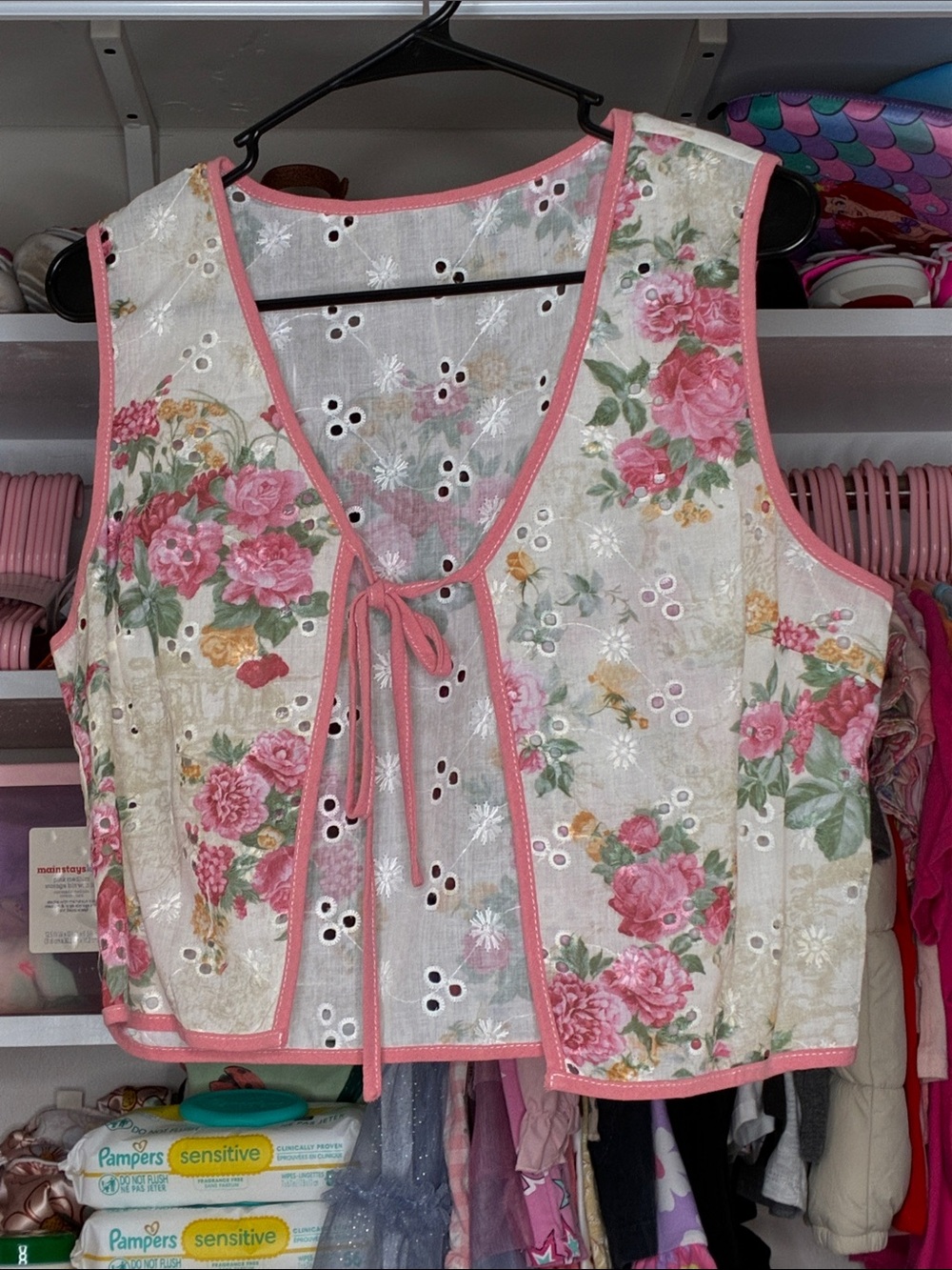 Floral Eyelet Tie-Front Tank Top - Pink Trim